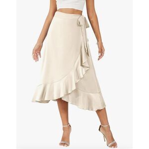 NEW Satin Wrap Skirt Adjustable Tie Ruffle Hem Midi Skirt XL